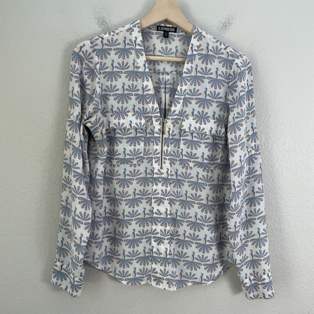 Express Womens XS Peacock Roll Tab Sleeve Blouse Collarless Zip Front Shirt